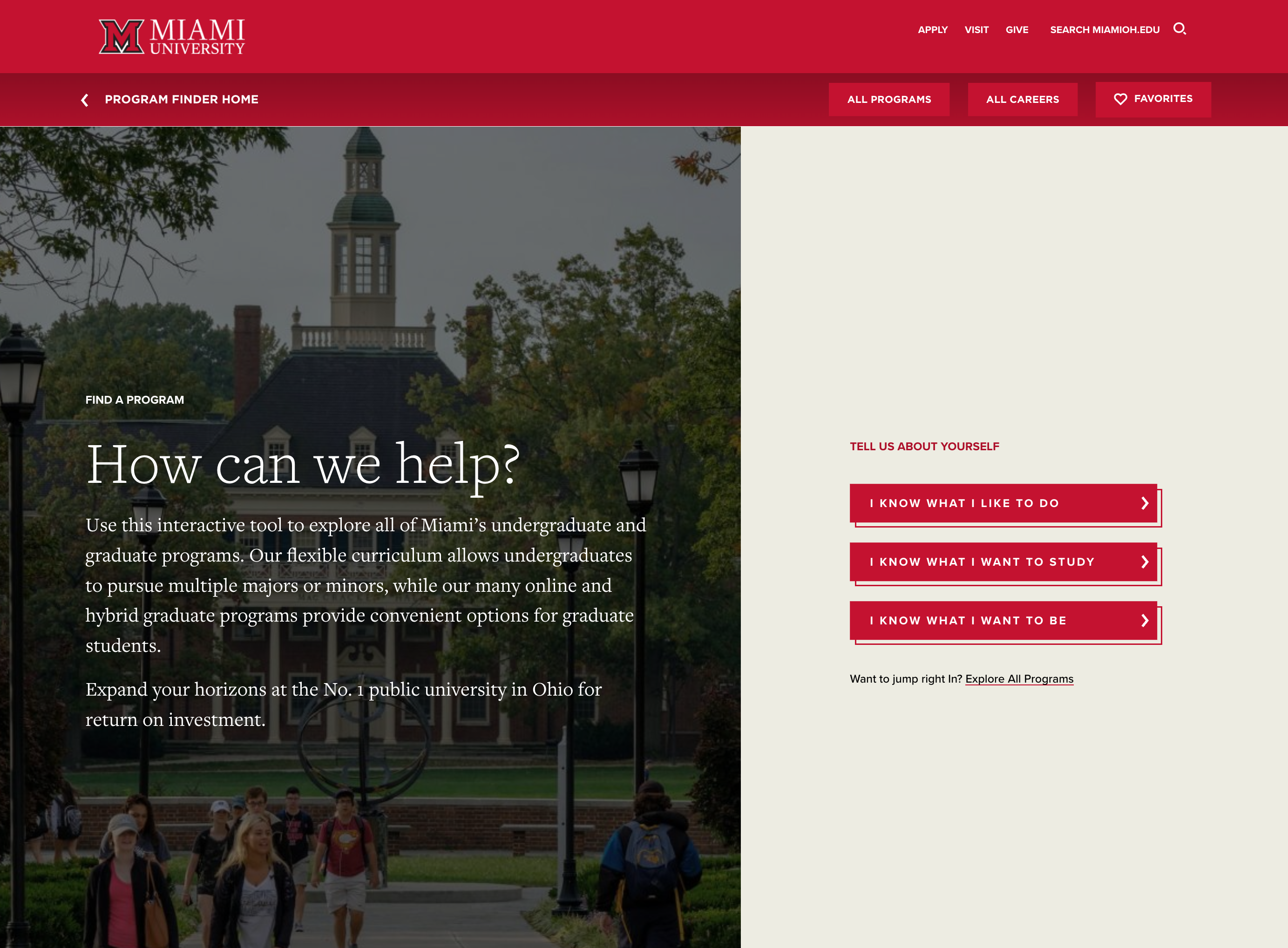 Program Finder homepage that lets visitors search for Miami programs by their interests.